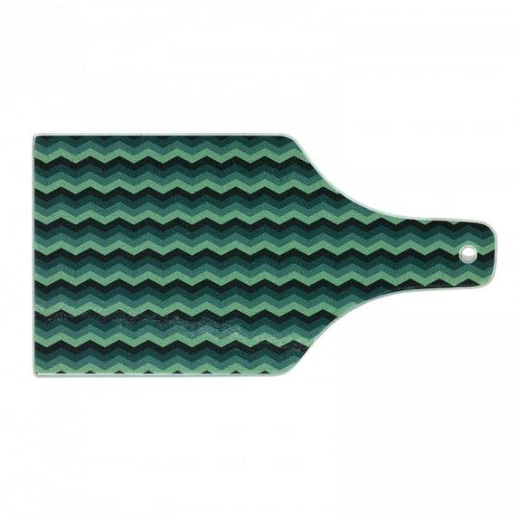 Teal Cutting Board, Expressionist Chevron Style Pattern Geometric Vibrant Colored Modern, Decorative Tempered Glass Cutting and Serving Board, Wine Bottle Shape, Mint Green Teal Black, by Ambesonne