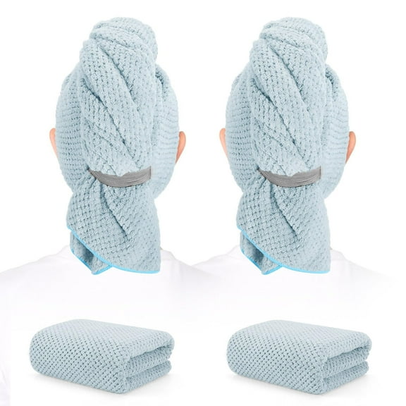 mygreen 2 Pack Microfiber Hair Towel - 41 x 24 inches Super Soft, Absorbent, Fast Drying Without Frizz Hair Towel Wrap for Women Long, Thick, Curly Hair - Hair Turbans with Elastic Strap 2 Pcs Blue