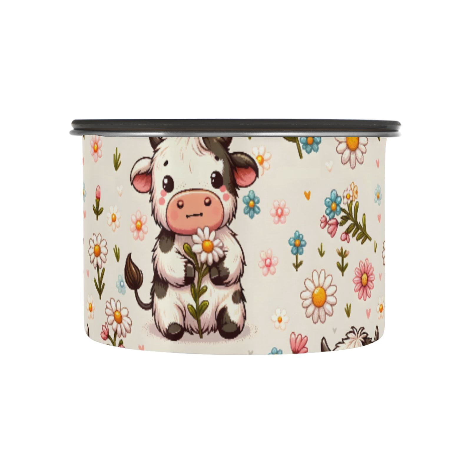 Cute Cow Daisy Flower Airtight Coffee Bean Canister 30oz Food Storage Containers with Lids For Gournd, Tea, Sugar, Flour, Rice, Cereal, Candy Cookie Jar