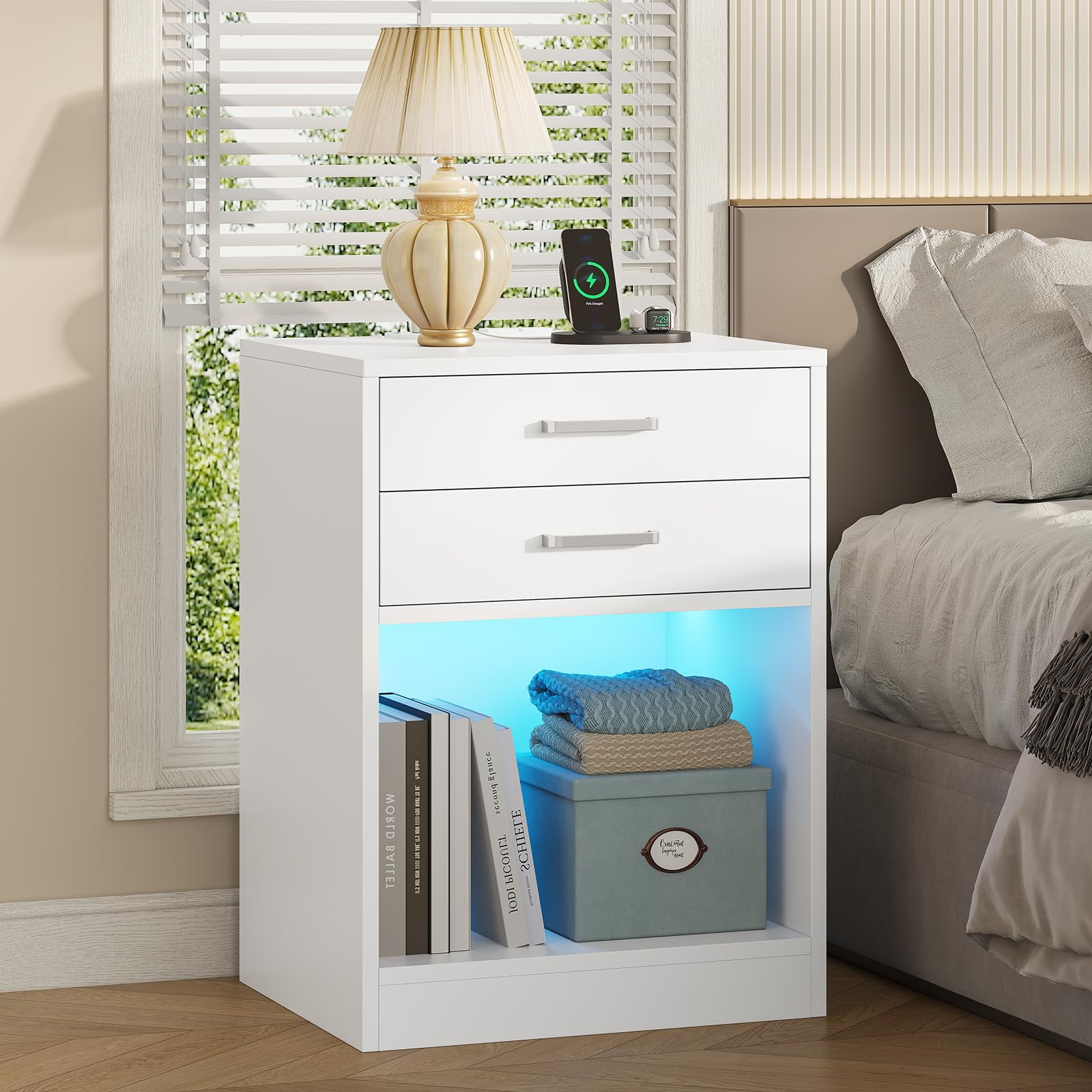 Afuhokles LED Nightstands Set of 2,Nightstand with Charging Station, Bedside Table with Power Outlets and Drawers, White