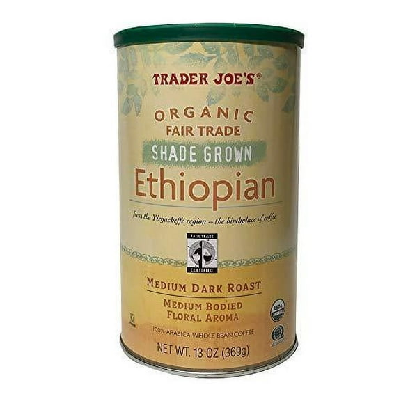 Trader Joes Organic Fair Trade Ethiopian Whole Bean Coffee Medium Dark Roast 13 oz