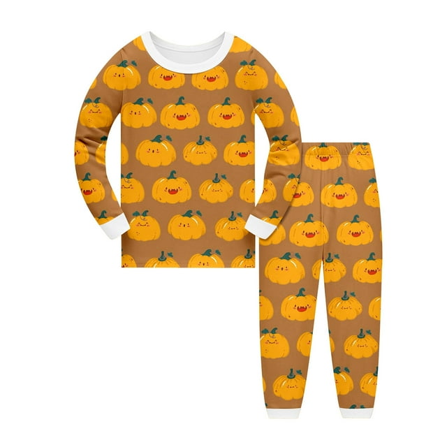 GPOECD Ensemble de Pyjama d'Halloween pour Garçons Manches Longues Imprimé Tenue de Nuit pour Enfants Confortable Deux Pièces Tenue de Fête 2-Jaune, 8-9 Ans