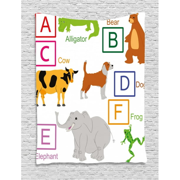 Educational Tapestry, Alphabet Letters with Cute Zoo Animals Kids Fun Preschool Teaching