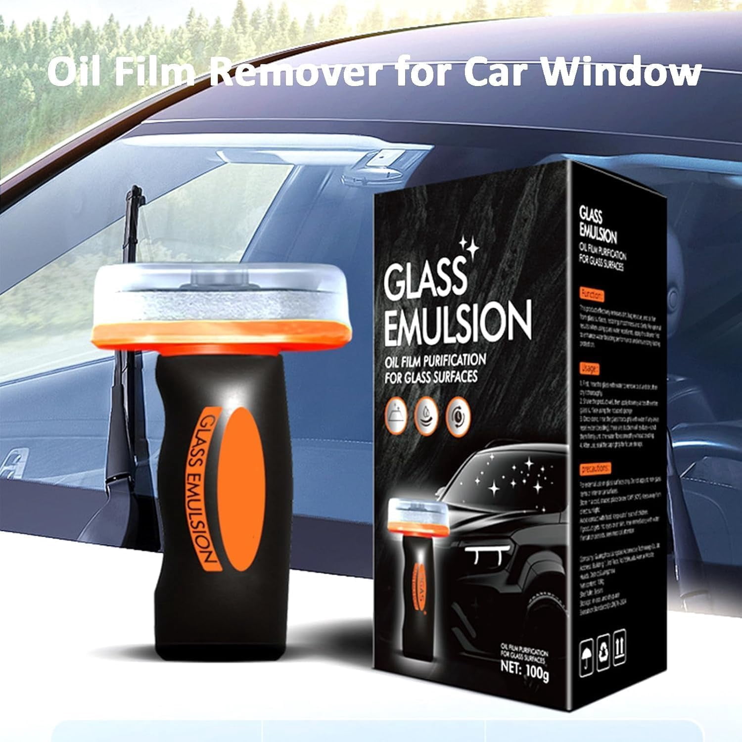 Q4 Glass Cleaner Guard, Glass Oil Film Remover for Automotive Windshield/Window/Mirror Cleaning, 100ml Roll-On Glass Compound with Cleaning Board, Clearvision Improve Driving Visibility