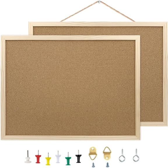 2 Pack Cork Board Bulletin Board, 15.7"X 11.81" inches with Oak Wood Finish Frame, for Wall Office Home and School (Pins, Eye Bolts, gaskets, Screws)