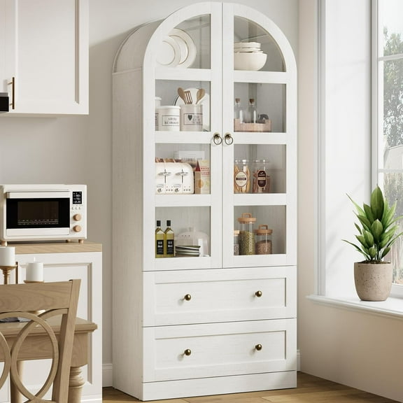 72" Tall Arched Kitchen Pantry Cabinet – Modern Farmhouse Freestanding Storage Cupboard with Glass Doors & Drawers – for Dining or Living Room – Antique White, Glass Door