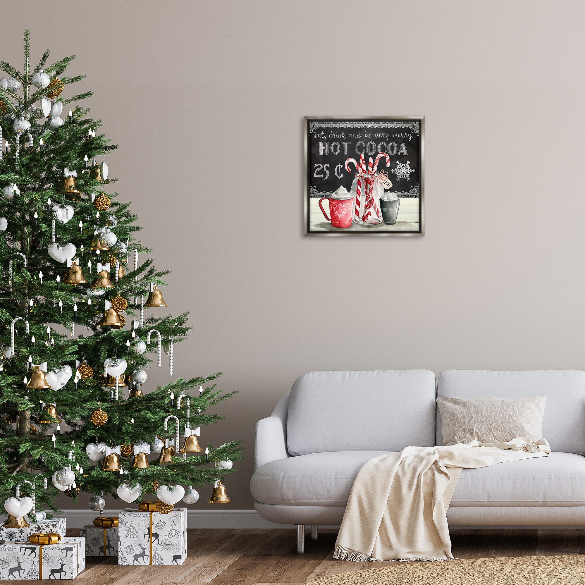 Stupell Industries Cocoa & Candy Canes Holiday Painting Gray Floater Framed Canvas Art Print Wall Art, 25 x 25