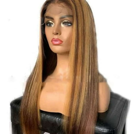 ODOMY 65-70CM Women's Brown Highlight Ombre Lace Front Human Hair Wigs Long Brazilian Hair Wigs