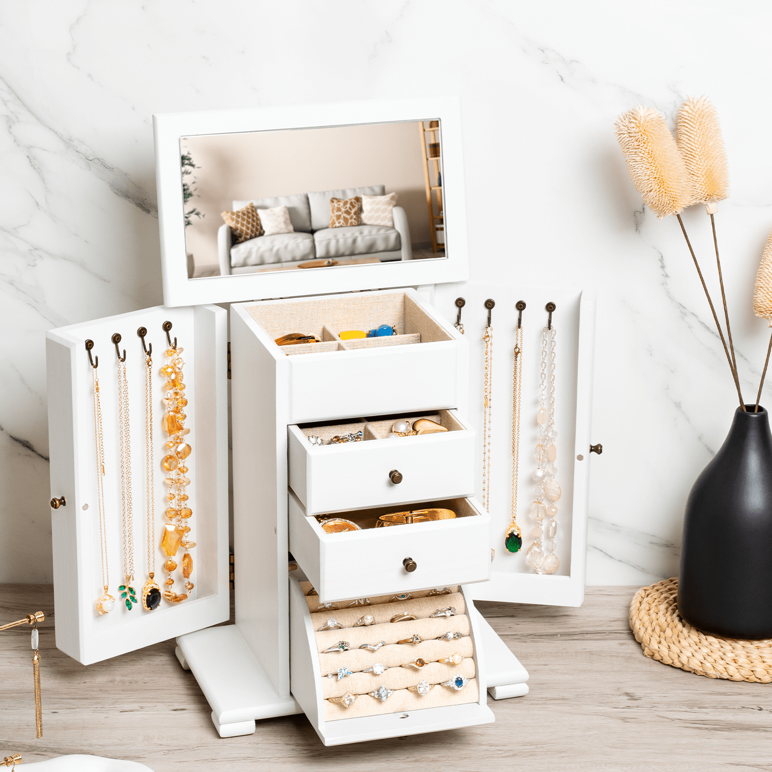 Sfugno Wooden Jewelry Box, Rustic Jewelry Organizer with Mirror