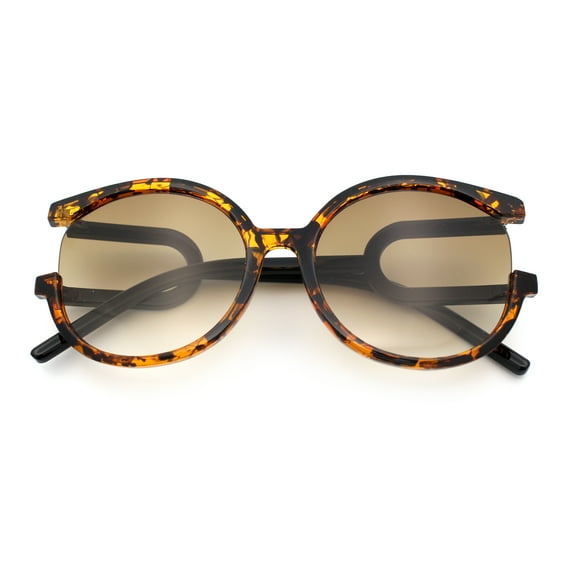 Womens Unique U Arm Round Exposed Lens Minimal Designer Sunglasses Tortoise - Brown