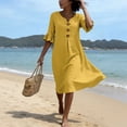 thumbnail image 6 of Women's Loose Dresses V Neck 3/4 Ruffle Sleeve Sundress with Button Front Linen Blend Shift Dress for Summer Vacation Yellow L, 6 of 9