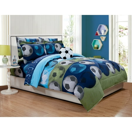 Comfort Linen - Fancy Linen 6pc Boys Twin Comfort Set Soccer Blue Green With Furry Buddy New