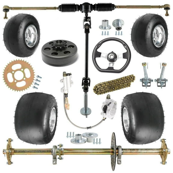 32" Complete Go Kart or Drift Trike Rear Live Axle Kit & 5" Wheels Tires & Steering Assembly & 420 Chain Clutch DIY Kit for ATV Quad Bikes Buggy 4 Wheelers Mini Bikes