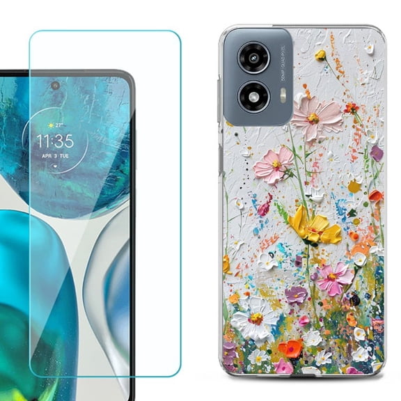 OneToughShield ® Shockproof Phone Case Compatible with Motorola Moto G Power 5G 2024, with Tempered Glass Screen Protector - Pastel Flowers