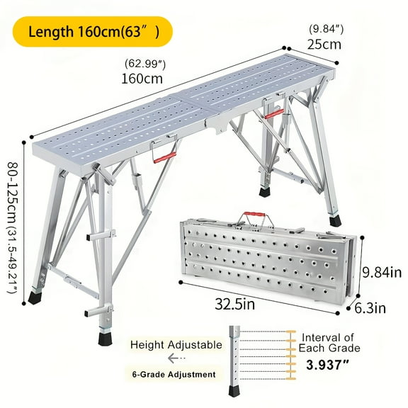 800Lbs Heavy-Duty Adjustable Folding Work Platform - Compact Iron Step Ladder with Free Gloves for Painting Home Decor