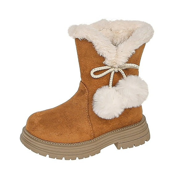 MEZZALL Child Girls Winter Fashion Boots With Bow And Pompom Detail Soft Suede Ankle Booties Kids Comfortable Warm Non- Sole Toddler Casual Footwear Boho Outdoor Solid Color Shoes
