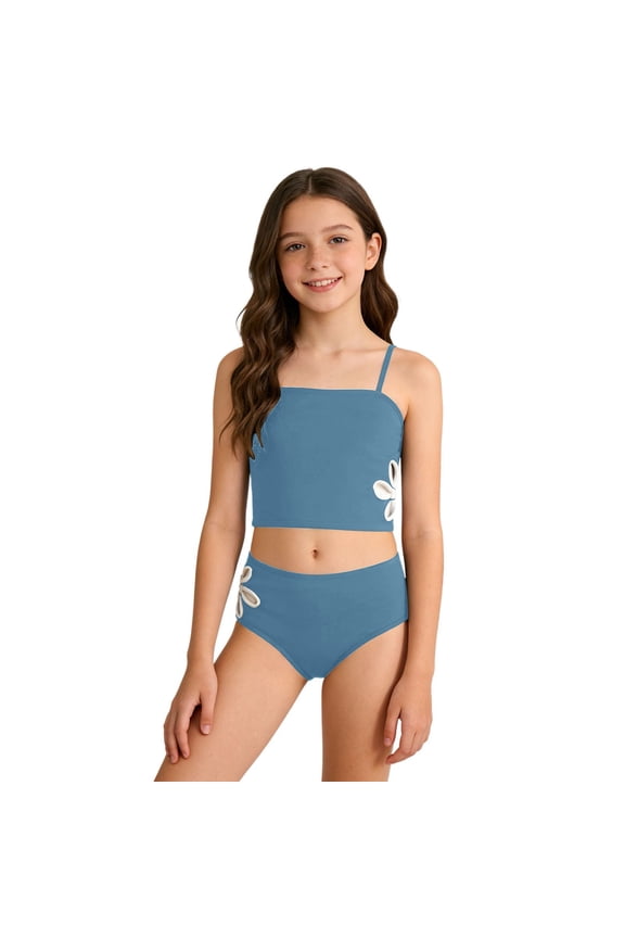 Big Girl Floral Hollowed Swimwear Solid Two Piece Tankini Pool Beach Bathing Suit,Blue