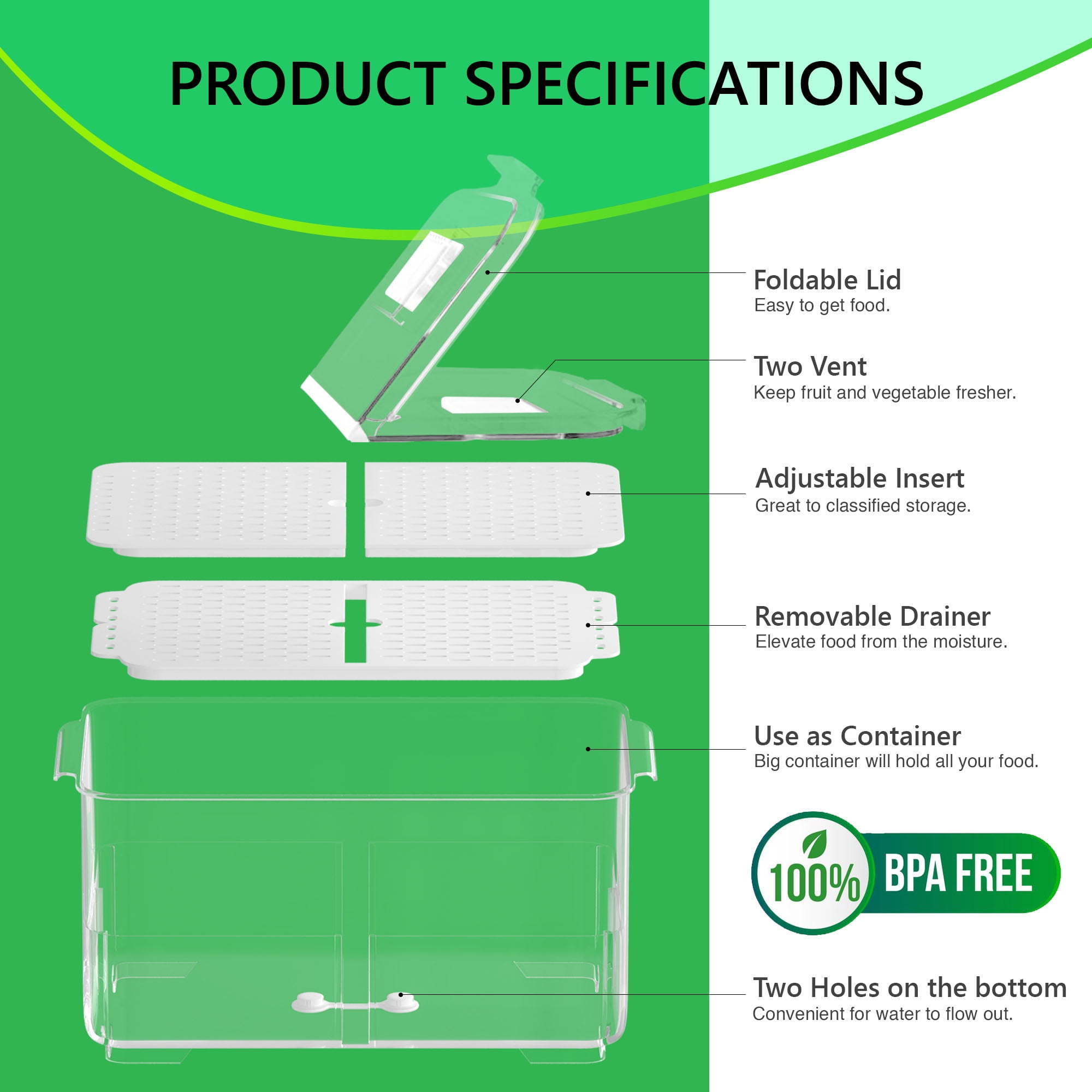 WAVELUX Produce Saver Containers for Refrigerator, Food Fruit Vegetables Storage, 3Pcs Stackable Fridge Organizer, Fresh Keeper Drawer Bin Basket with Vented Lids , Removable Drain Tray & Folding Lid…