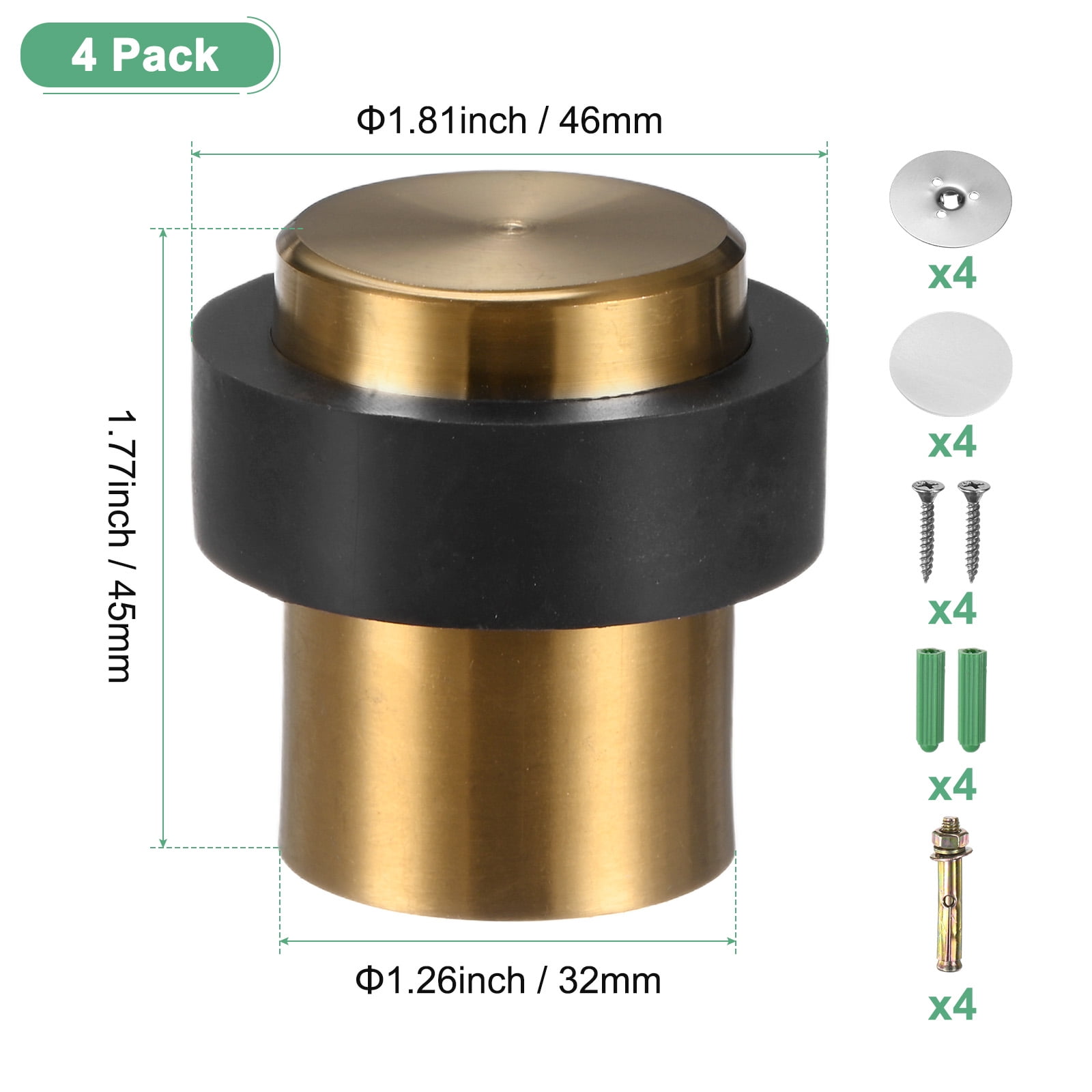 Uxcell 4-Pack Floor Door Stoppers, Stainless Steel Cylindrical Door Stop with Plastic Rubber Bumper [Gold Tone]