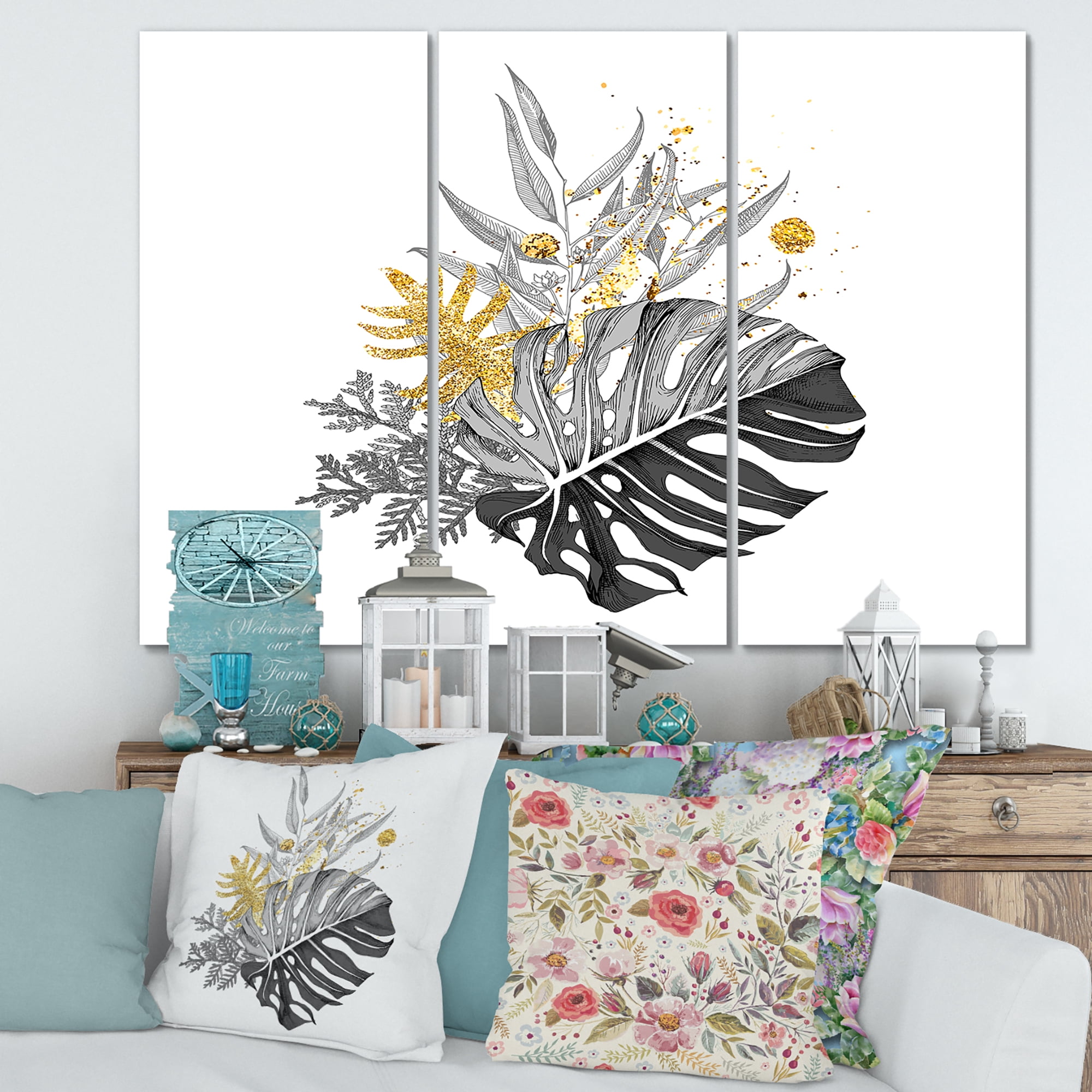 Designart ' Bouquet With Golden Tropical Leaves and Monochrome ' Tropical Canvas Wall Art Print