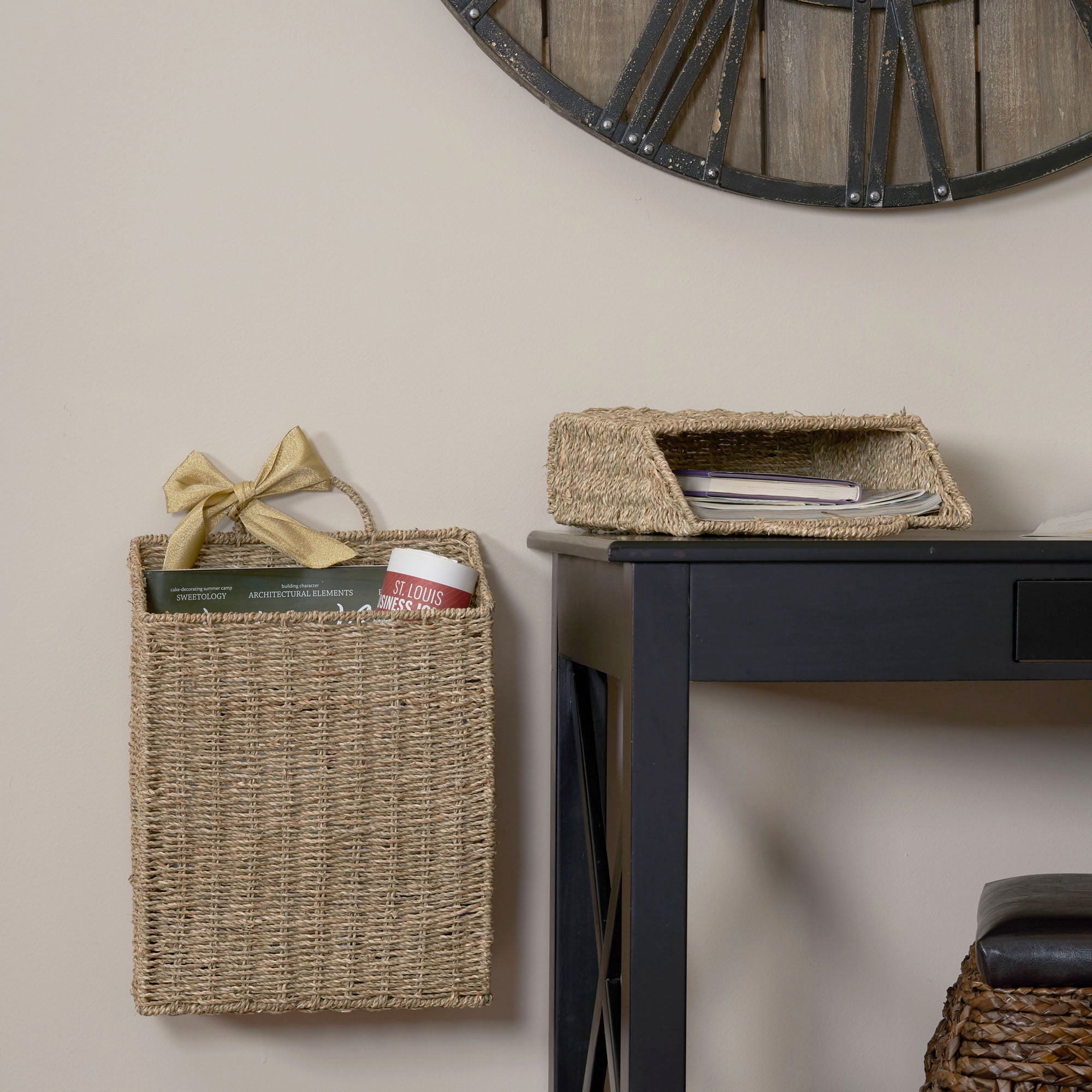 Household Essentials Rectangular Wicker Hanging Baskets, Set of 2, Small and Large, Handwoven Seagrass, Durable Metal Wire Frame, Natural