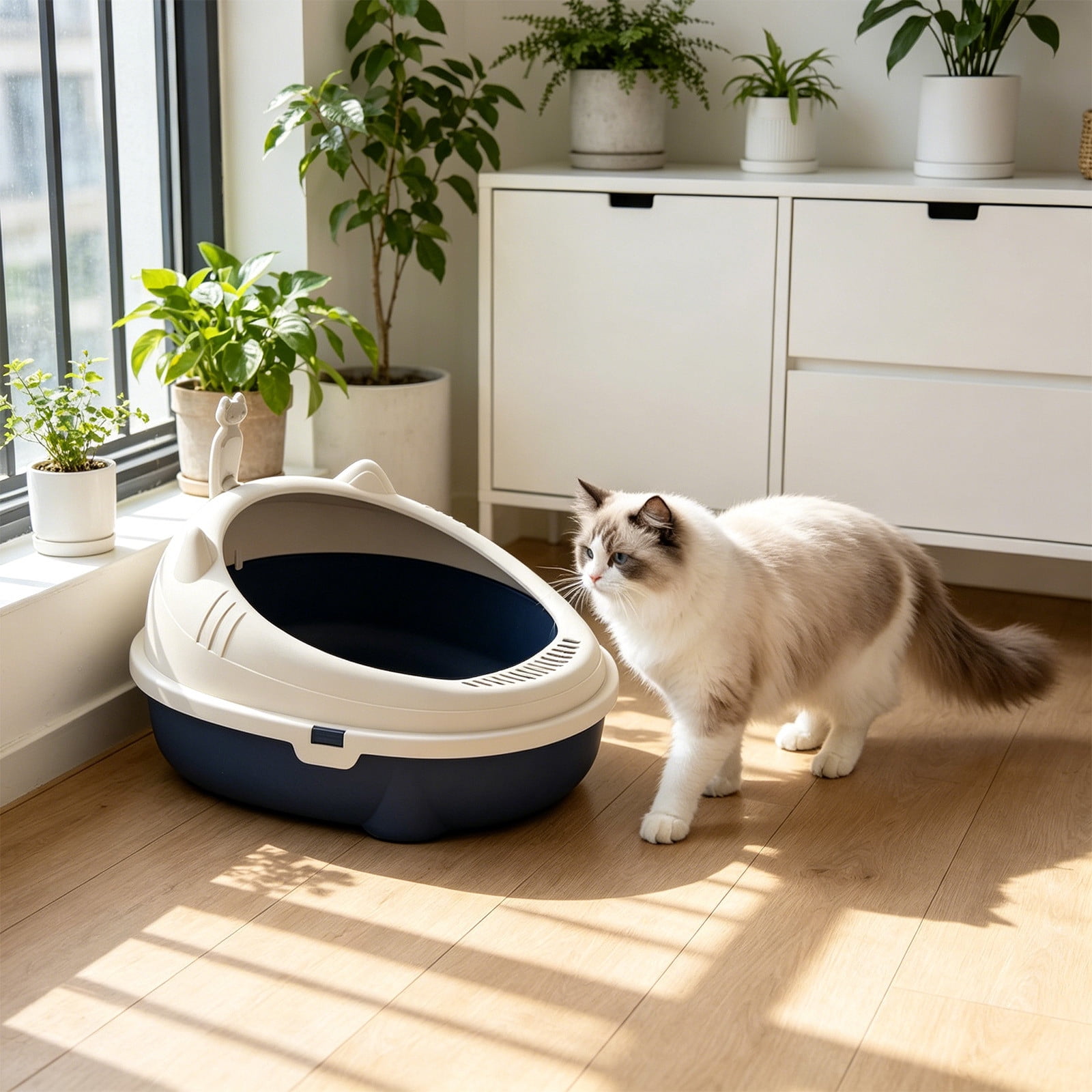 2026 New Open Top Cat Litter Box, High Wall Semi Enclosed Pet Litter Tray for Home Living Room, Non Slide Bottom & Easy to Clean, 16.54x14.17x6.69in Blue
