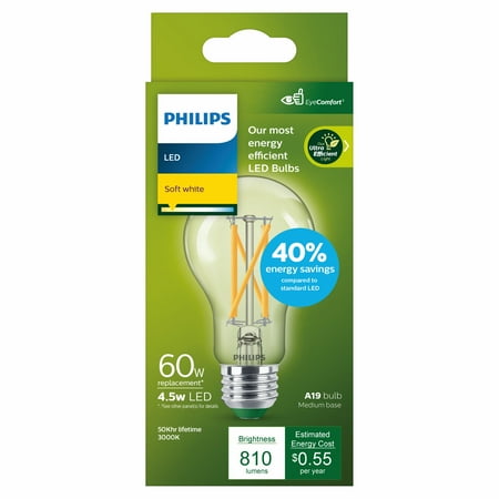 

Philips Ultra Efficient LED 60-Watt A19 Light Bulb Soft White Non-Dimmable E26 Base (1-Pack)