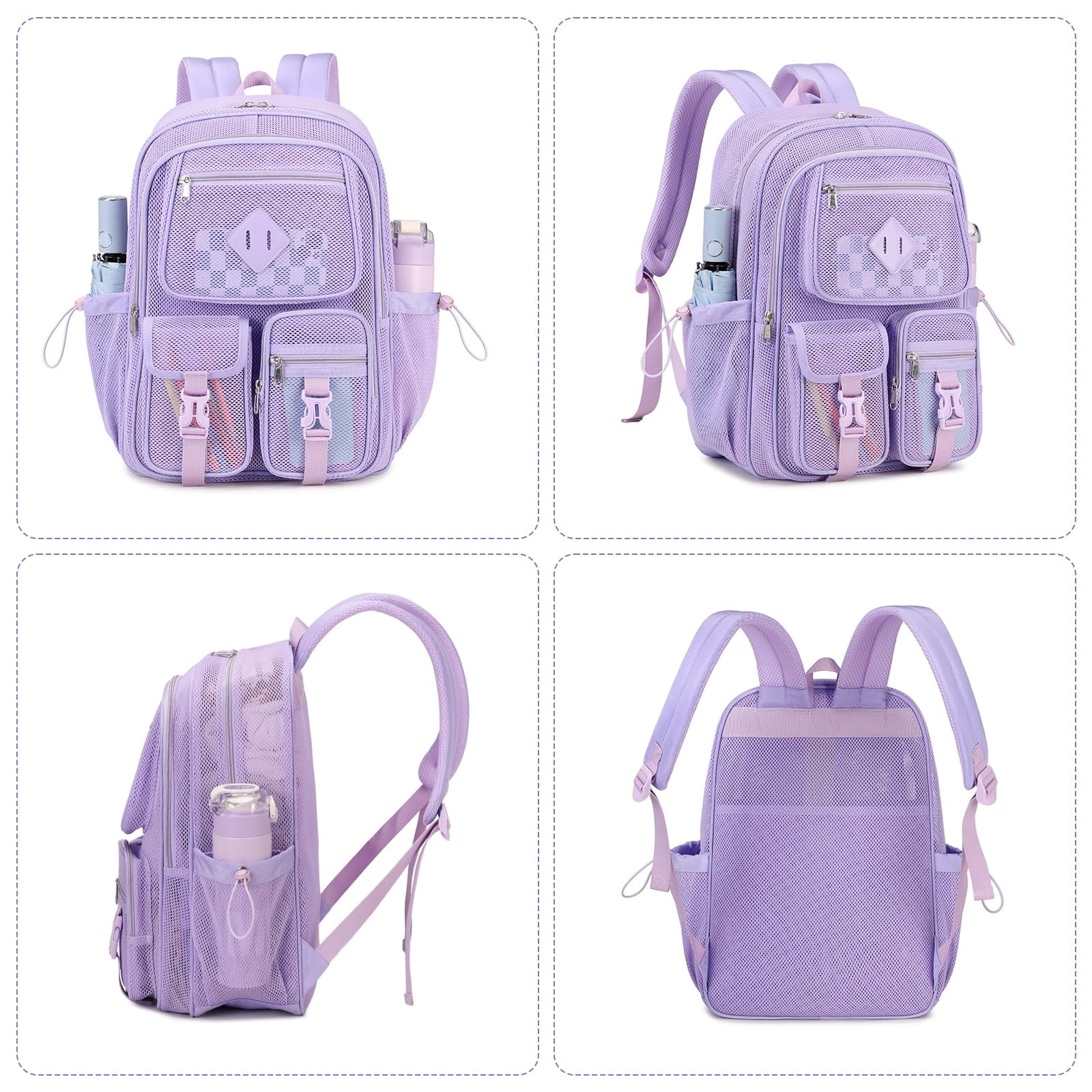 Soda Candy Mesh Backpacks for School Heavy Duty See Through Net Bookbag Semi-Transparent Net Back Pack for Beach, Swimming, Sports, Work, Travel, Pink
