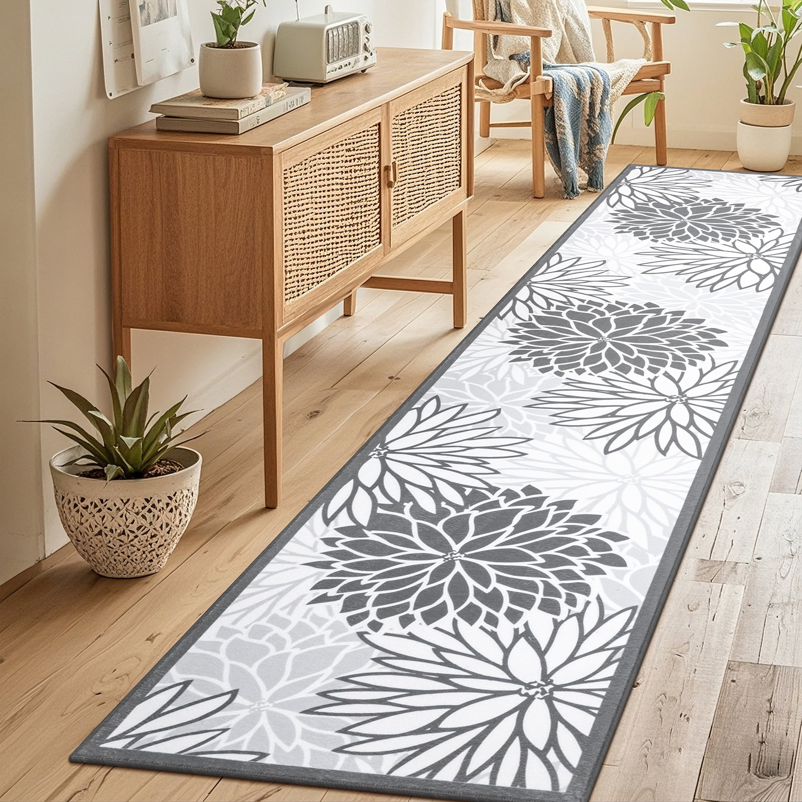 MeyJey 2'x10' Floral Runner Rug for Hallways, Oriental Non Slip Machine Washable Area Rugs Vintage Floor Carpet for Bedroom Kitchen Dinning/Living/Laundry Room, Gray/White