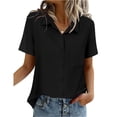 thumbnail image 3 of Solid Button Down Shirts for Women Short Sleeve Bust Pocket V Neck Collared Shirts Summer Business Casual Work Tops, Black XL, 3 of 7