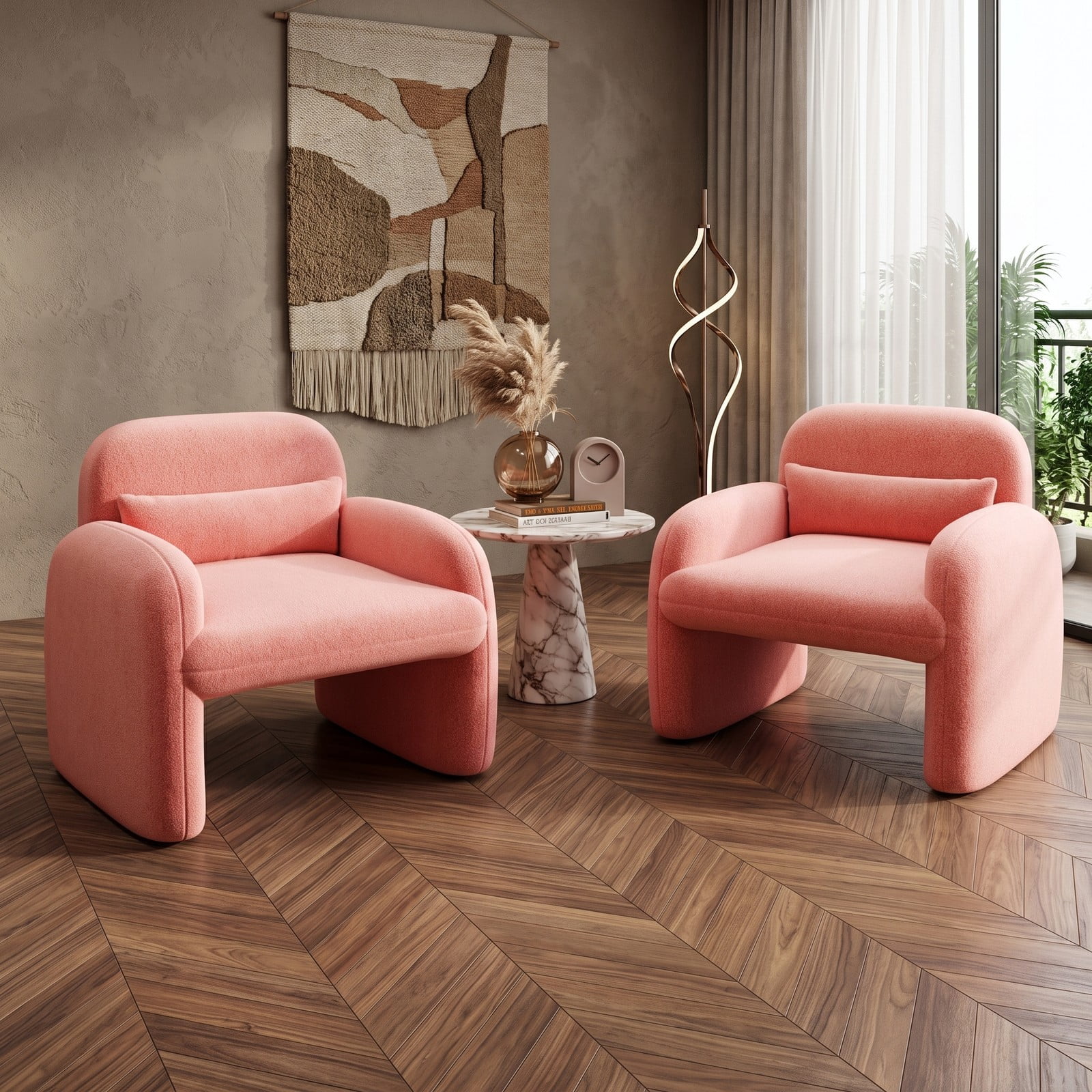 Furnibear Modern Accent Chair with Waist Pillow and Padded Armrests, Soft Sherpa Upholstered Single Sofa Chair for Living Room, Bedroom, Reading Nook, 440 lb, Pink