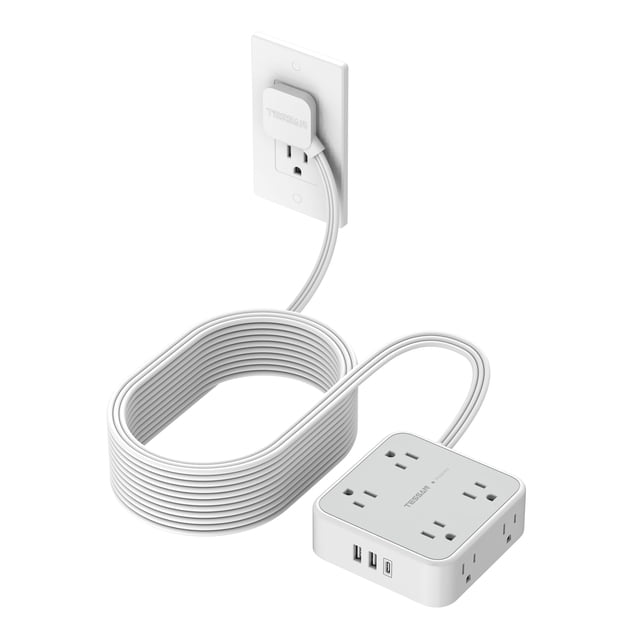 Cable de extensión TESSAN de 25 pies con 8 salidas y 3 puertos USB, protector contra sobretensiones