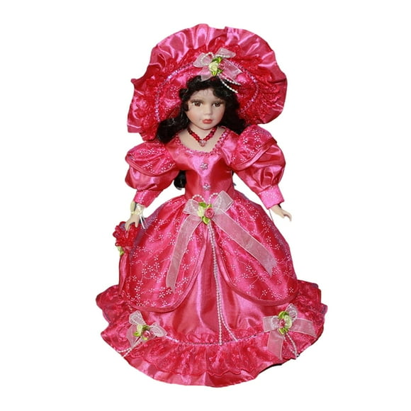 Figuras de porcelana en miniatura para casa de muñecas, dama con vestido, cabello rizado y falda con sombrero Rosa