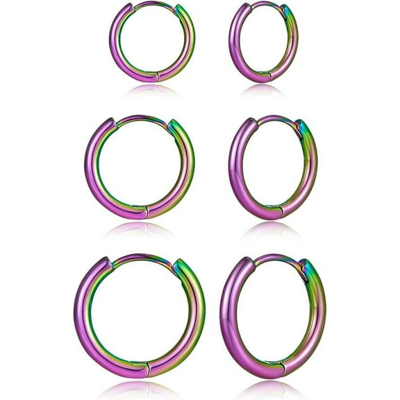 Knubmt 3 Pairs 14K Gold Plated Lightweight Hoop Earrings Set 316L Stainless Steel Hoop Earrings for Women Men, Multicolor