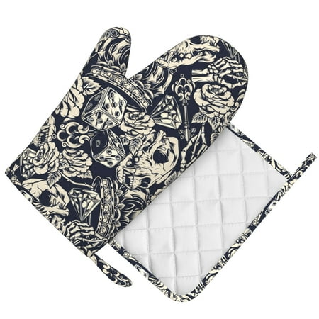 

DouZhe Oven Mitts and Pot Holders Sets Retro Style Skeleton Skull Prints Non-Slip Heat Resistant Kitchen Oven Silicone Glove