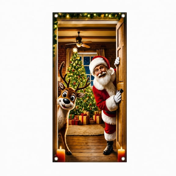 Christmas Santa Reindeer Door Cover Peeking Design Hanging Decoration For Front Door Porch Holiday Party Home Decor