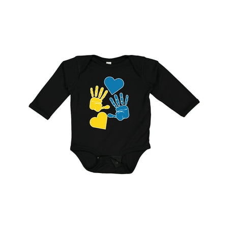 

Inktastic Down Syndrome Awareness with Handprints and Hearts Blue and Yellow Gift Baby Boy or Baby Girl Long Sleeve Bodysuit