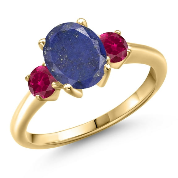 Gem Stone King 10K Yellow Gold Blue Lapis and Red Created Ruby Engagement Ring for Women | 2.50 Cttw | Oval 9X7MM | Gemstone Birthstone | Size 6