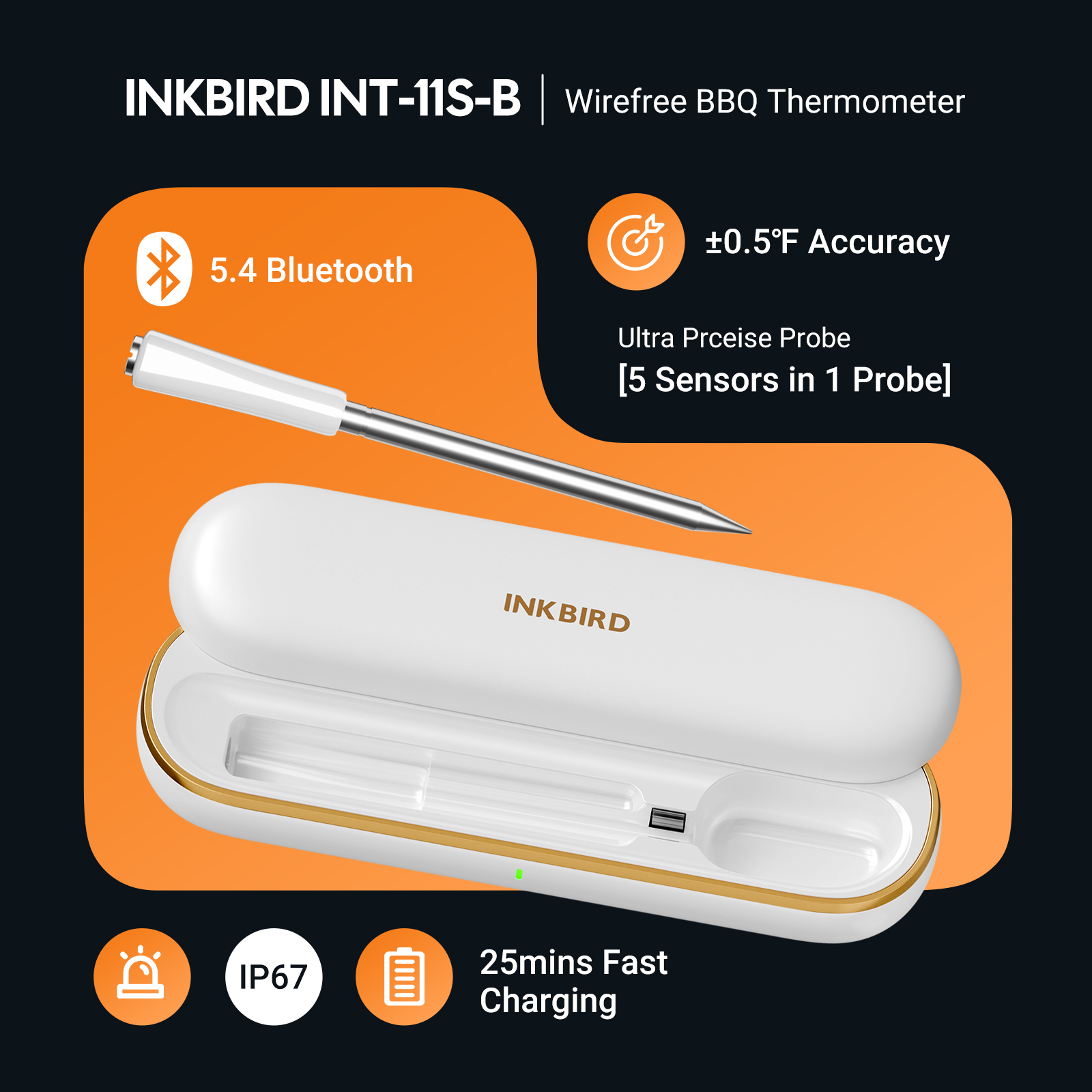 INKBIRD Bluetooth Meat Thermometer, Ultra Accurate Multi-sensor Meat Probe, with High and Low Temperature Alarms and Cooking Time Estimator, Ideal for BBQ Novices and Chefs