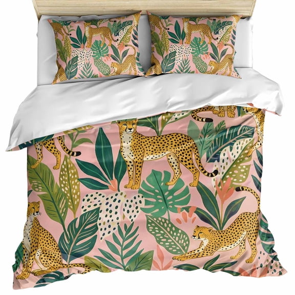 Pink Leopard Bedding 3 Piece Duvet Cover Set Queen Size, Summer Botanical Tropical Leaves Soft Microfiber Comforter Cover with Zipper Closure & Pillowcases, Wrinkle & FadeResistant Quilt Cover