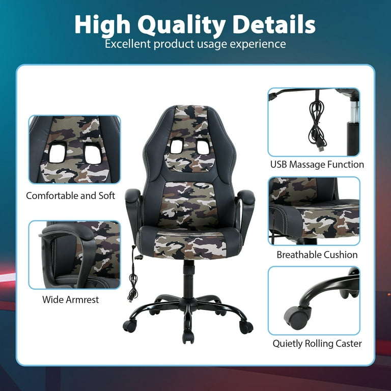 YRLLENSDAN Massage Gaming Chair Video Game for Adults, PU Leather Computer  Chair with Arms & Massaging Back Ergonomic High-Back Video Game Chair for  Men Women, Camo 