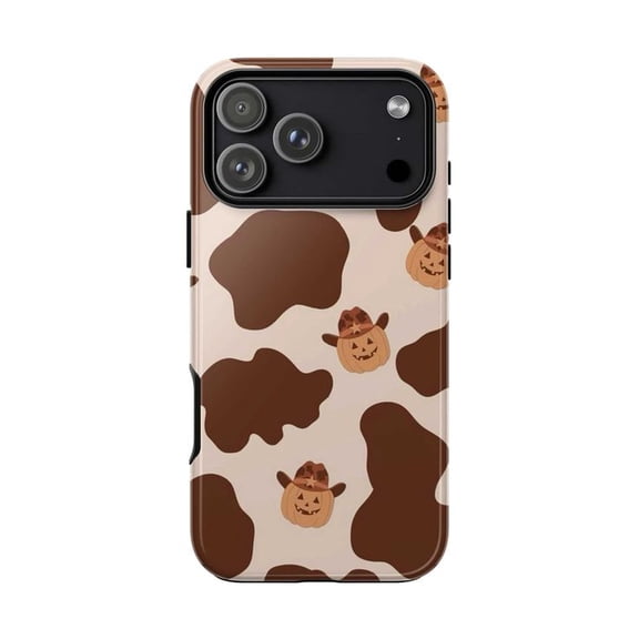 Cow Print Pumpkin Phone Case, Western Halloween Pattern iPhone Cover, Cute Fall Protective Case for iPhone 17 16 15 14 13 12 11 Plus Pro Max Mini
