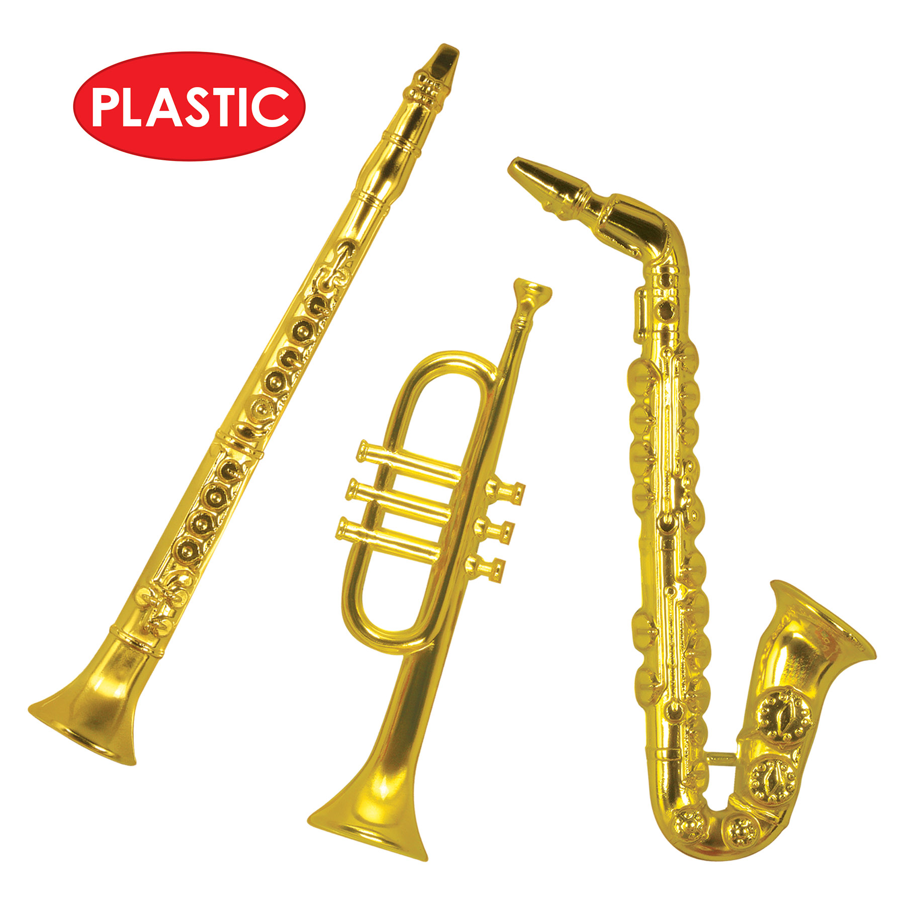 Gold Plastic Musical Instruments, 16"-21", (3/Pkg)