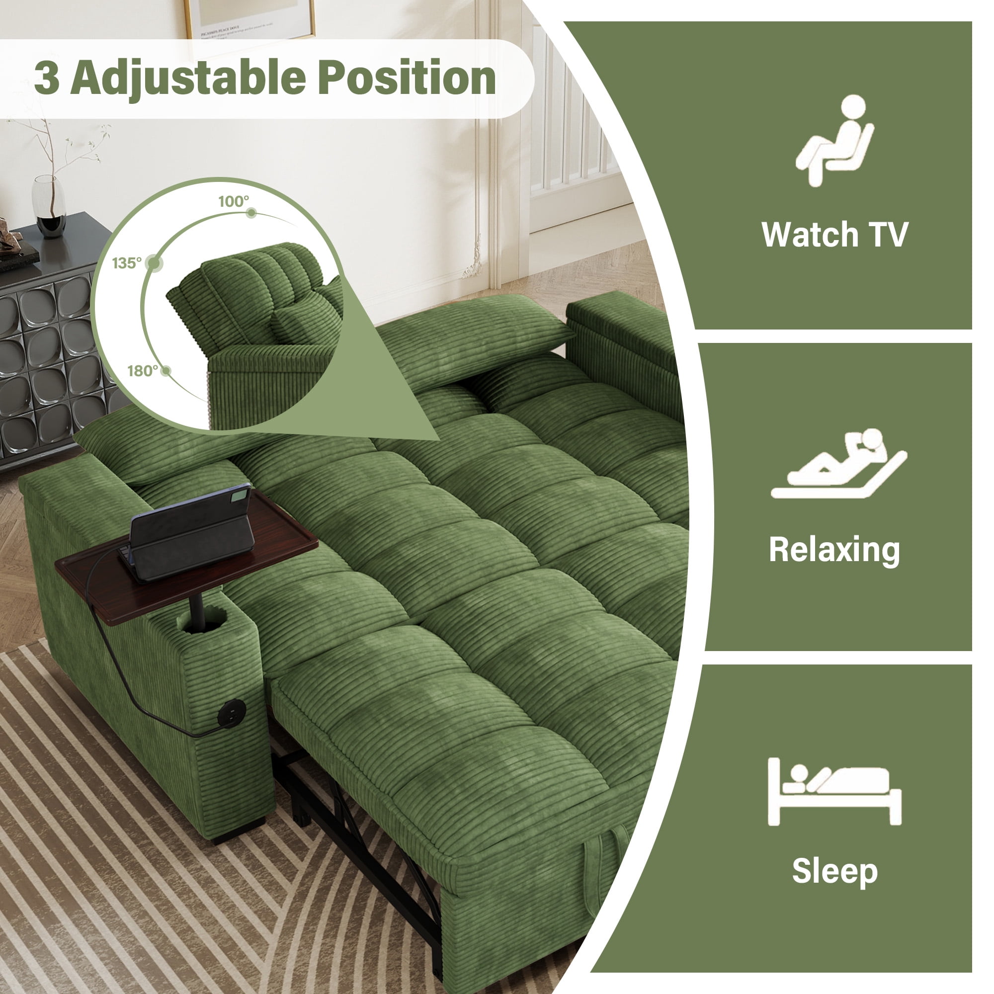 Aukfa 65"W Convertible Sofa Bed with Storage, 3-in-1 Corduroy Queen Sleeper Sofa Couch with 360° Swivel Side Table & USB /Type-C Ports,Green