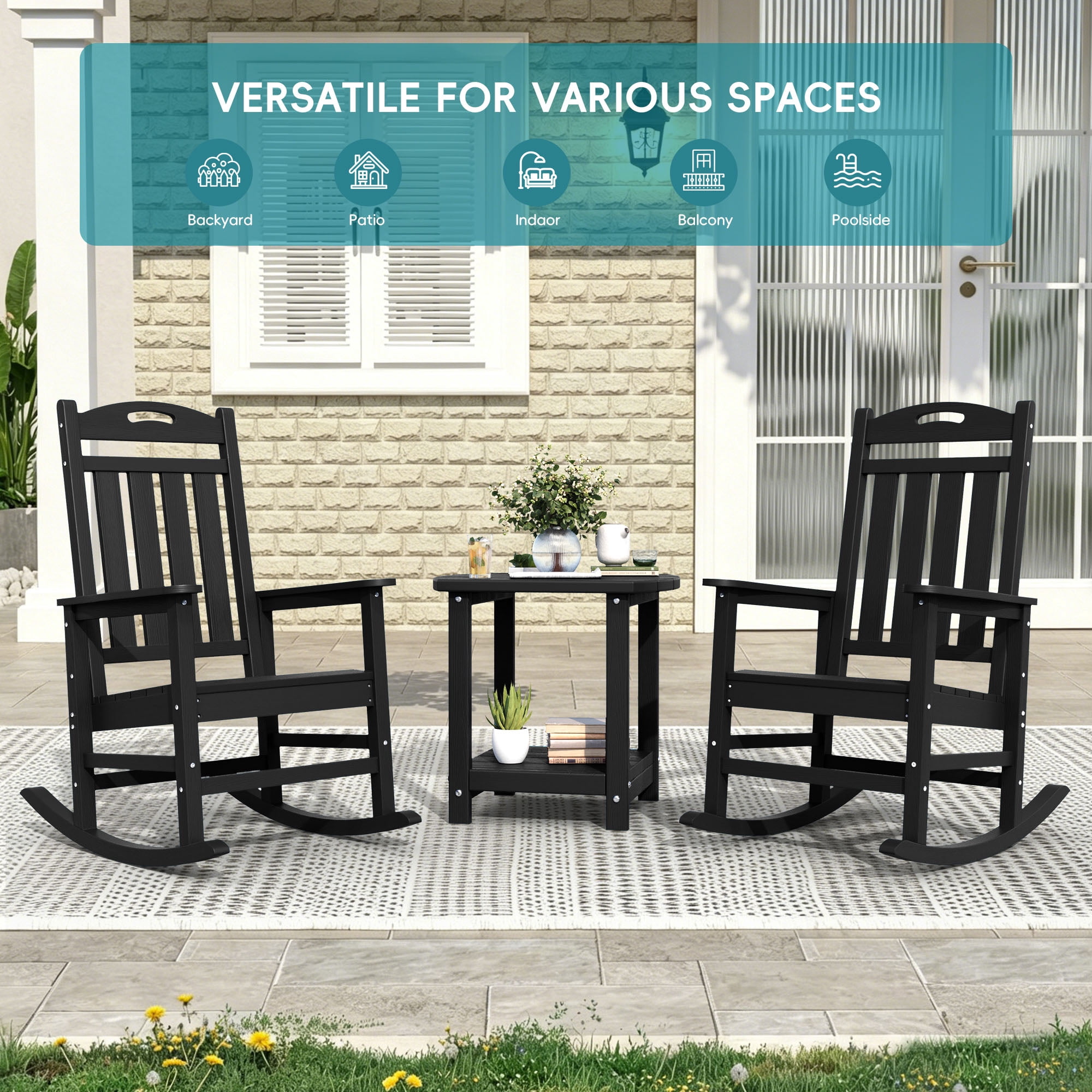 SUUNYN Set of 2 Outdoor Rocking Chairs, HDPE All-Weather Patio Rockers with High Back, 380lbs Heavy Duty, Black