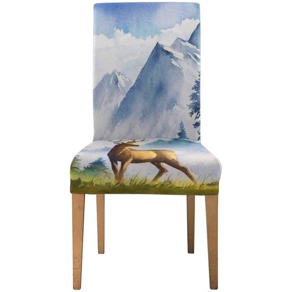 FMSHPON Watercolor Landscape Mountains Forest Deer Stretch Chair Cover Protector Seat Slipcover for Dining Room Hotel Wedding Party Set of 1