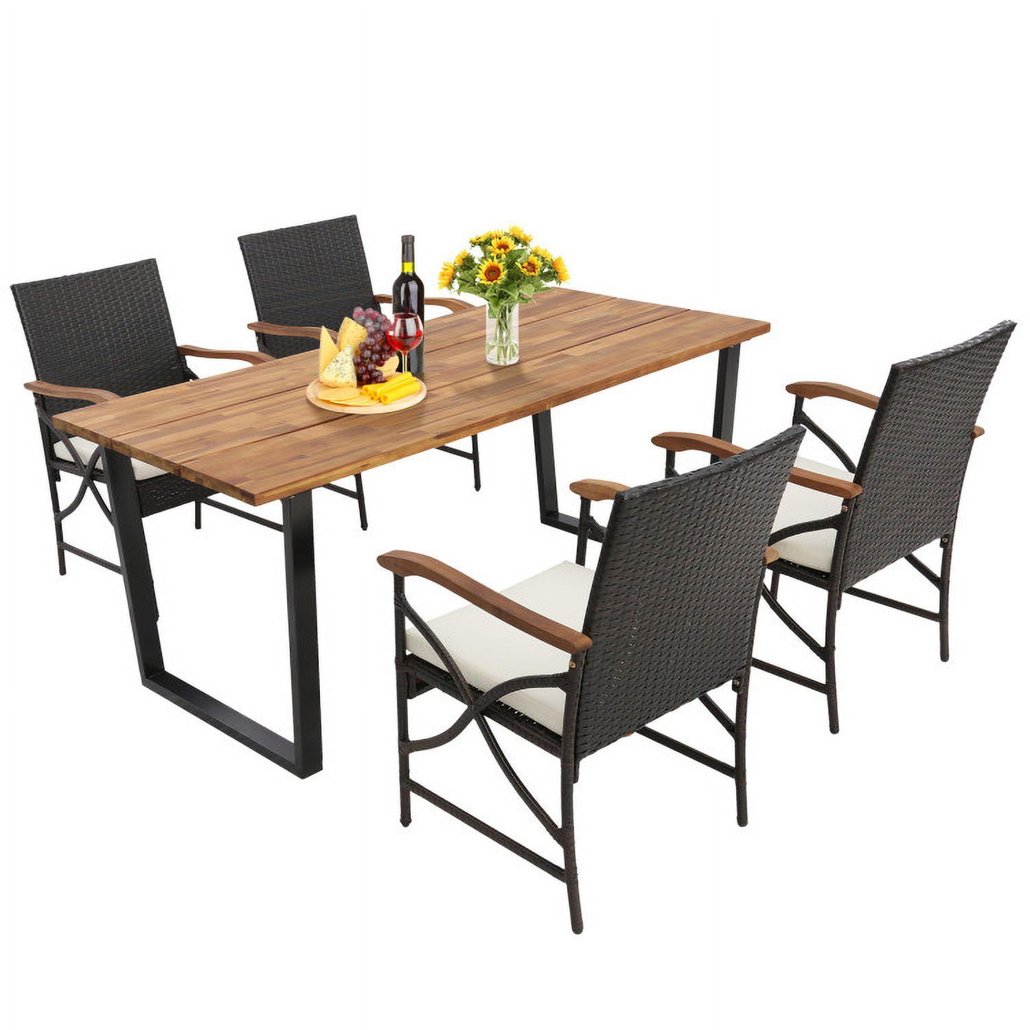 Aimee Lii 5 Pieces Patio Rattan Dining Set with Acacia Wood Tabletop and Armrests, Outdoor Patio Furniture