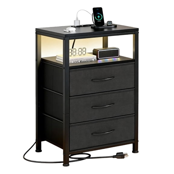 Nextay 3 Fabric Drawers Nightstand with Charging Station, LED Light Strip Bedside End Table with USB/Type-C Ports and Outlets & Adjustable Feet for Bedroom, Black