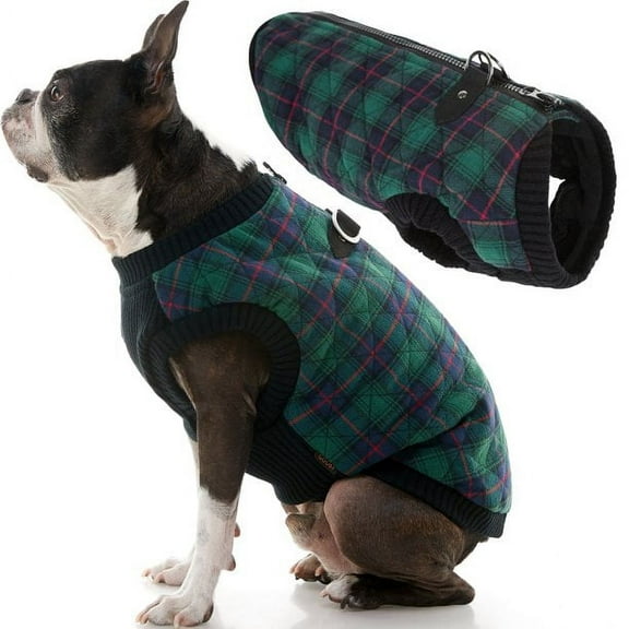 Gooby Fashion Vest - Green Check, Large - Small Dog Sweater Bomber Dog Jacket Coat with D Ring and Zipper Closure