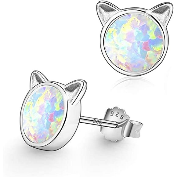 Cat Earrings for Girls, Hypoallergenic Fire Opal Stud Earrings S925 Sterling Silver with Gold Mini Tiny Cute Earring Jewelry Gifts for Kids Women(Silver Cat)